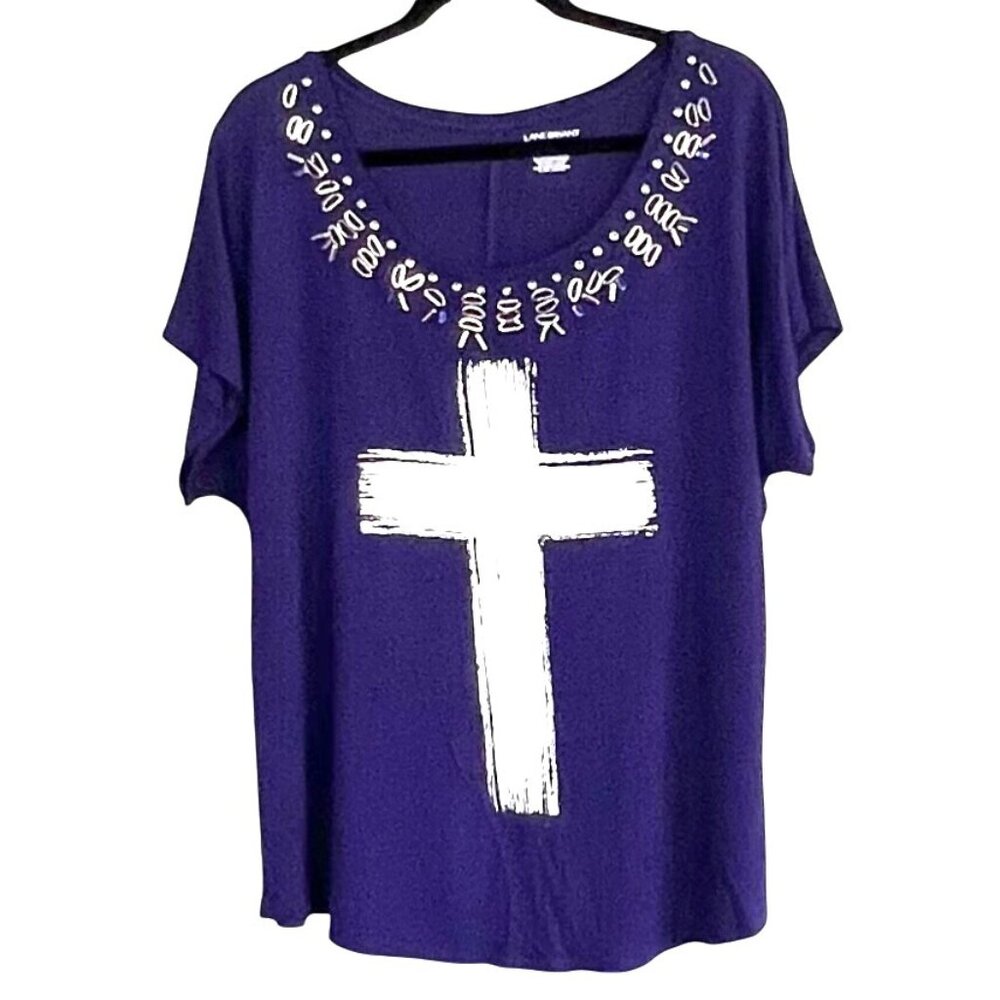 Lane Bryant Graphic Cross T-shirt Tee Size 18/20 Purple Metal/ Beads Embellished